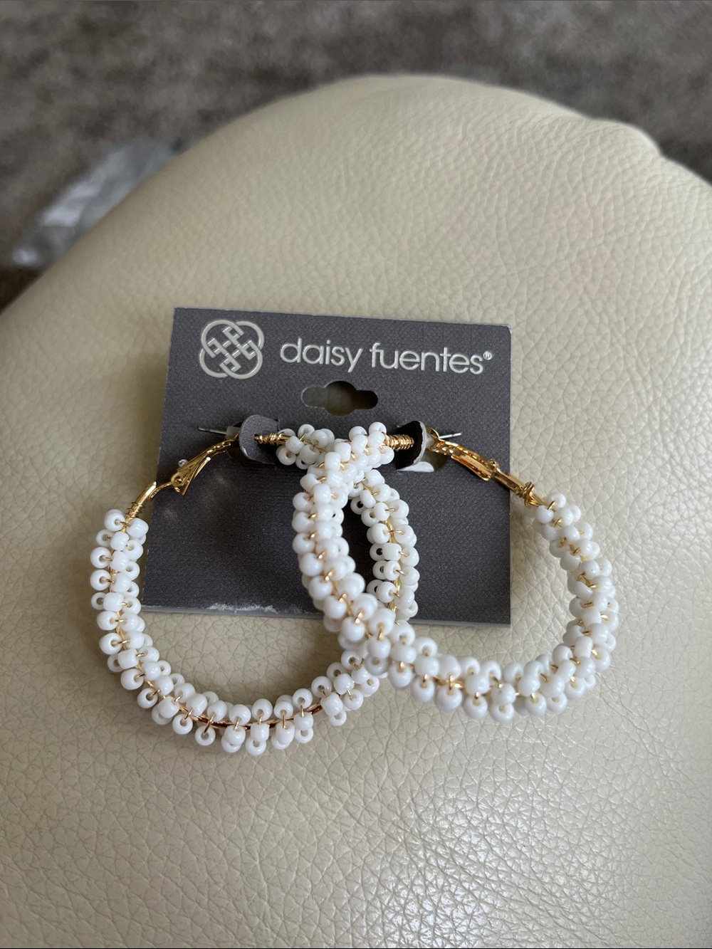 Daisy Fuentes White Beaded Hoop Earrings with Gold Accents!  New!